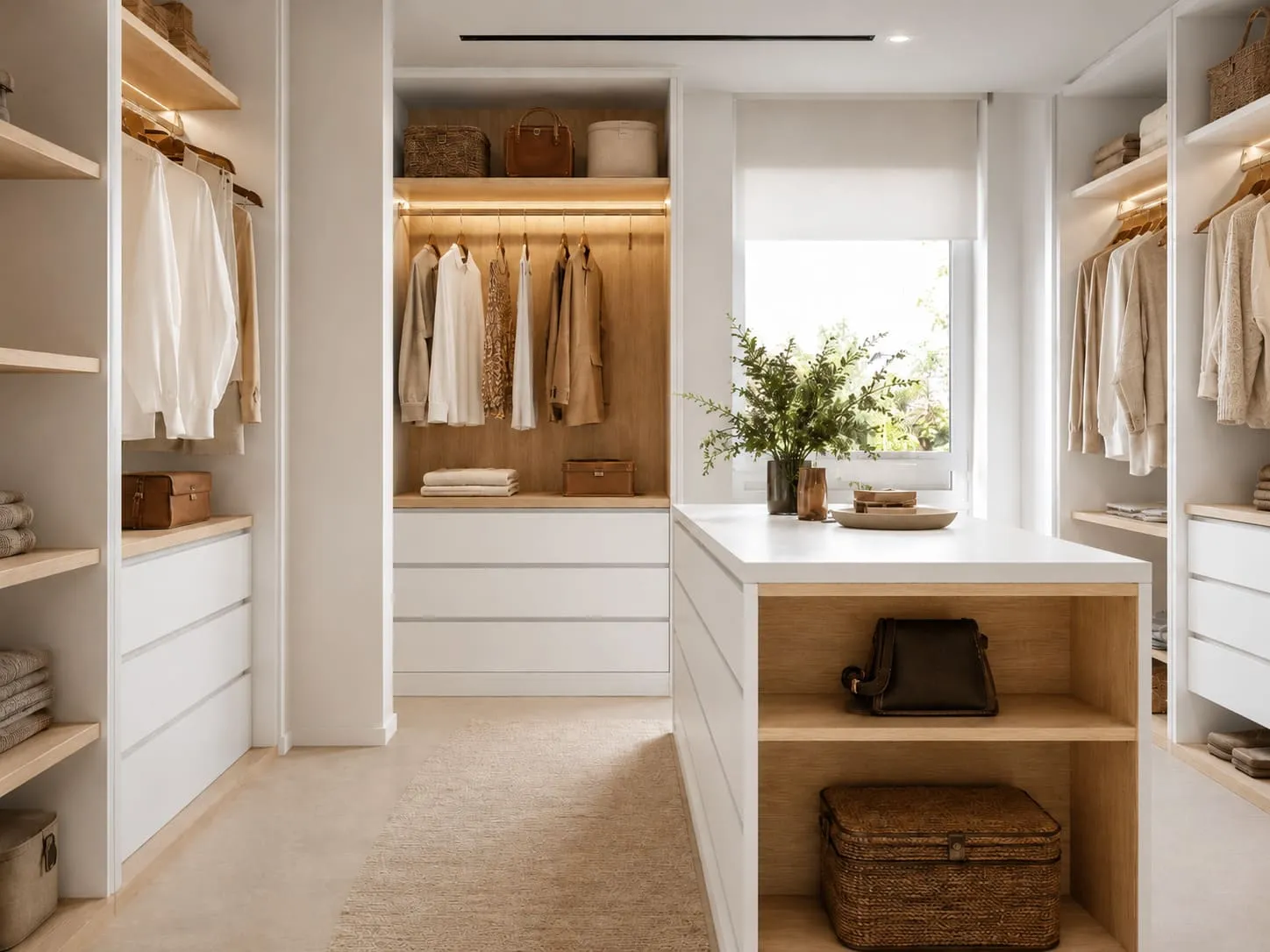Detalle de vestidor a medida con acabados en blanco y madera para Dos Hermanas