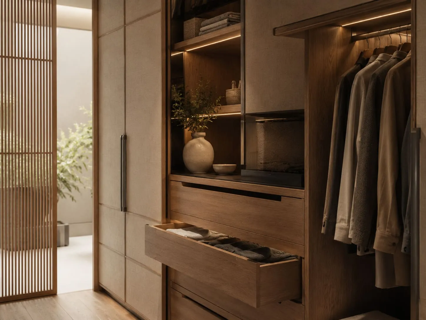 Detalle de vestidor con acabados interiores cajoneras y puerta ligera de estilo japonés