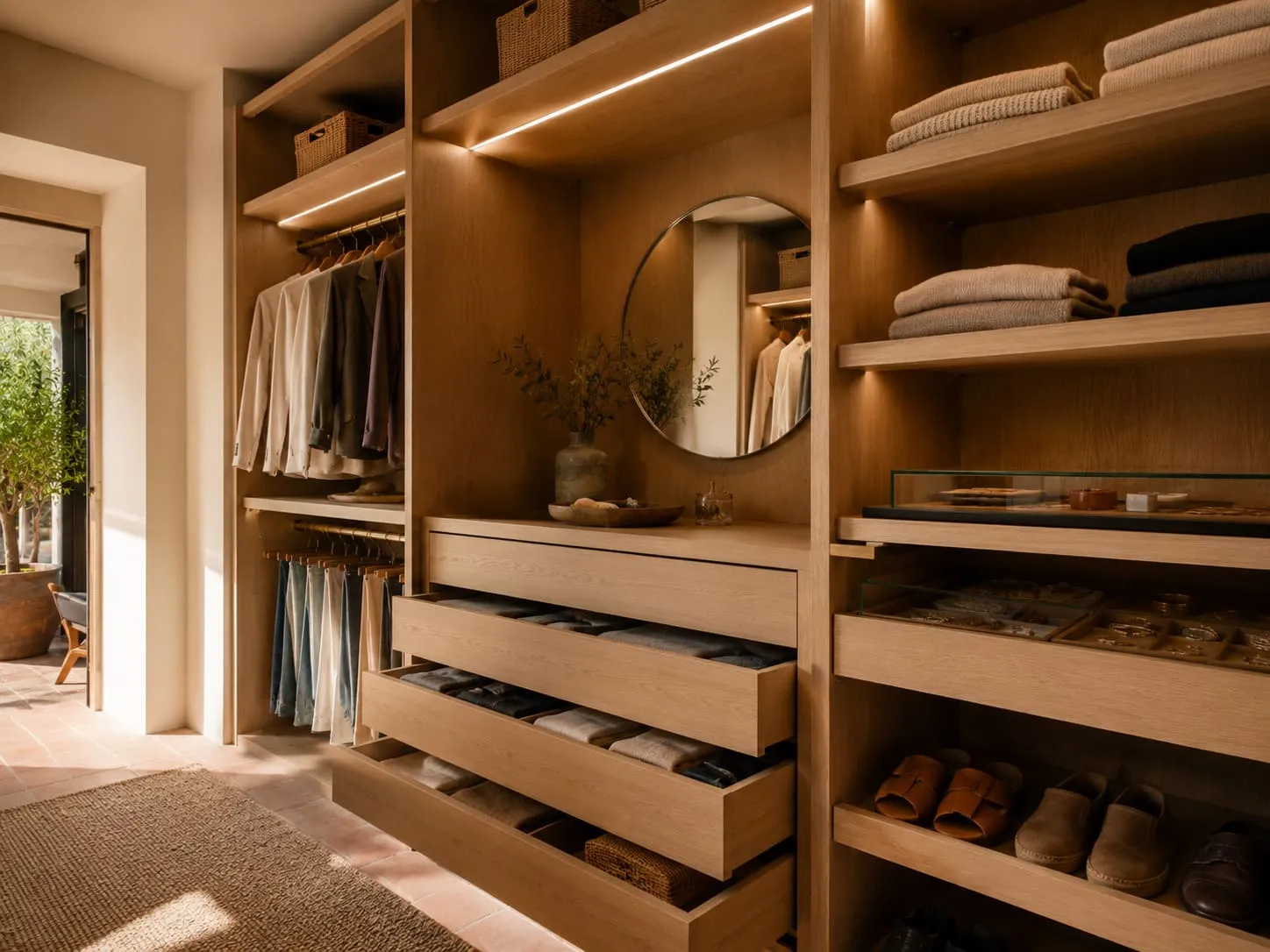 Detalles interiores de vestidor a medida con cajones y baldas