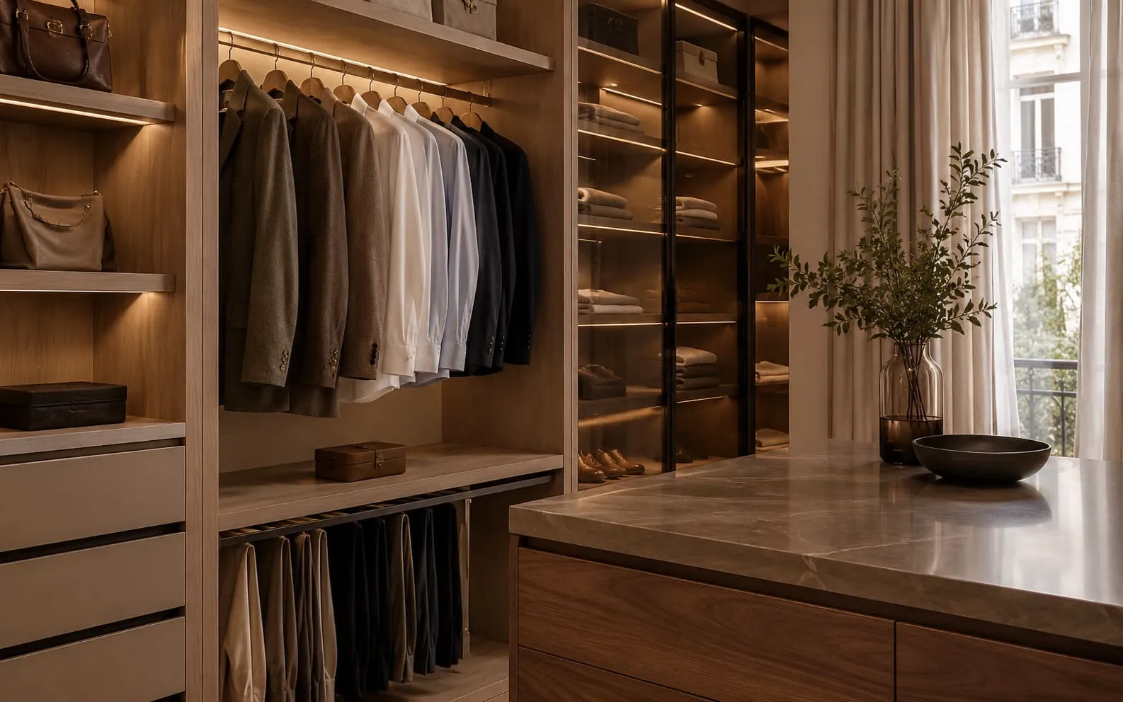 Detalle de cajoneras baldas y acabados interiores en vestidor a medida