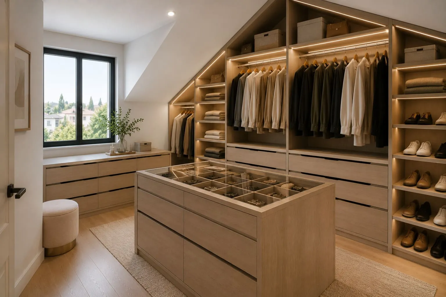 Vestidor integrado con tonos neutros en dormitorio luminoso