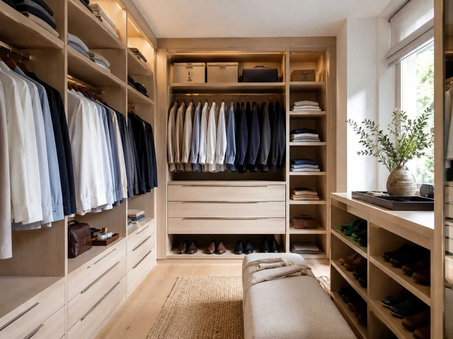 Interior de vestidor con barras baldas zapatero y cajones organizados