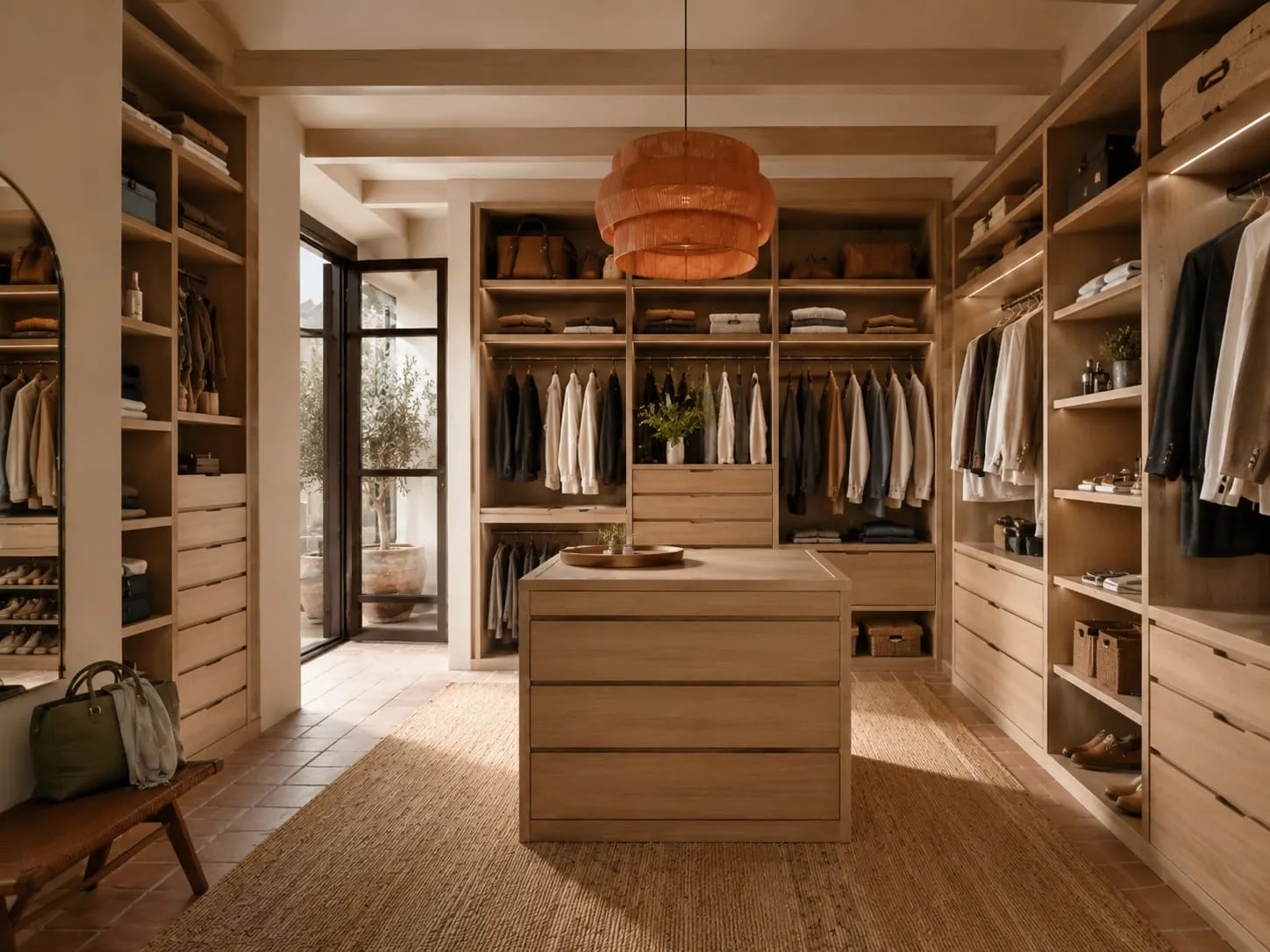 Vestidor integrado con tonos neutros en dormitorio luminoso