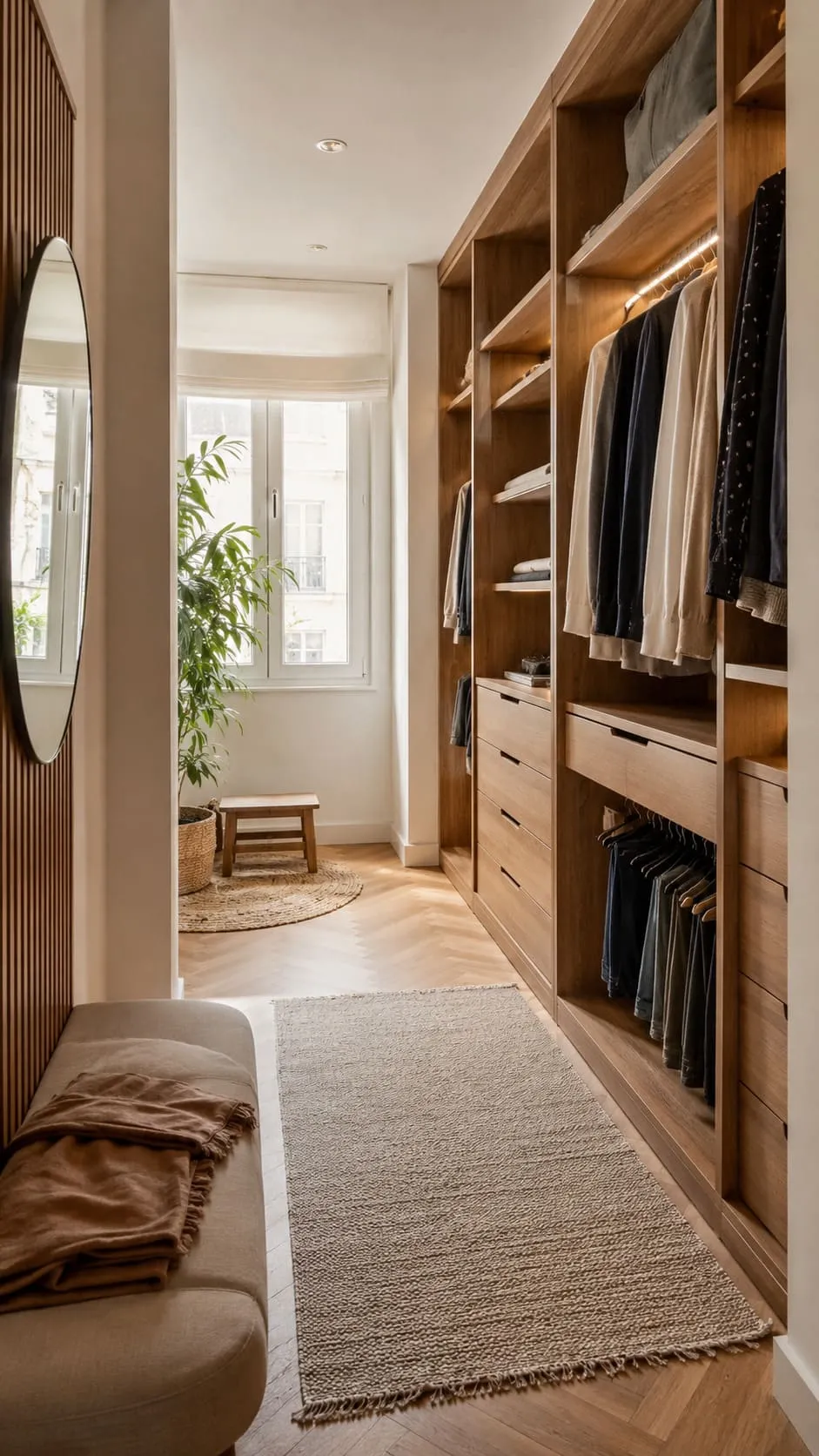 Vestidor vertical con módulos abiertos cajoneras y zonas de colgado