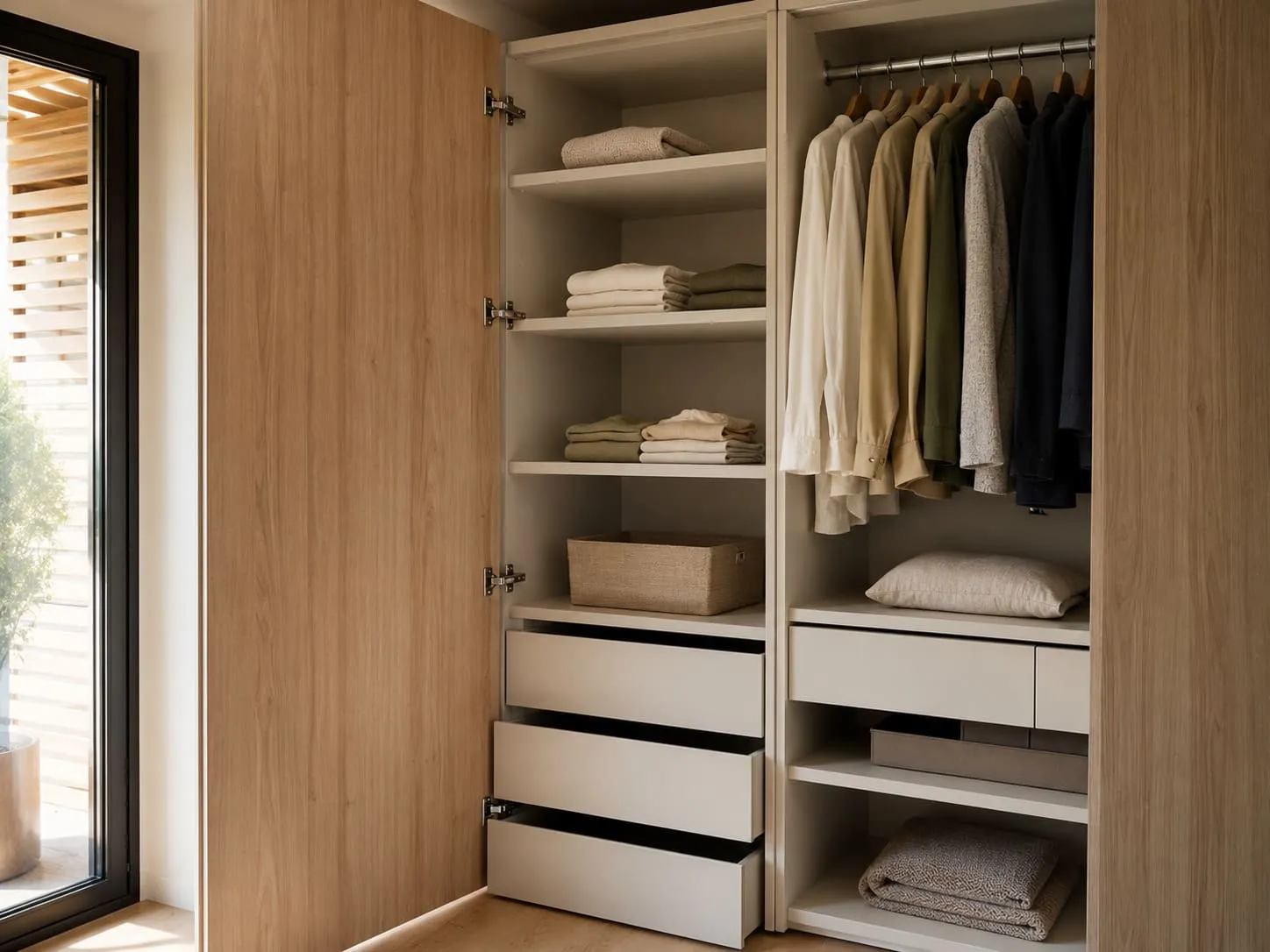 Interior organizado de armario ropero con puerta abatible