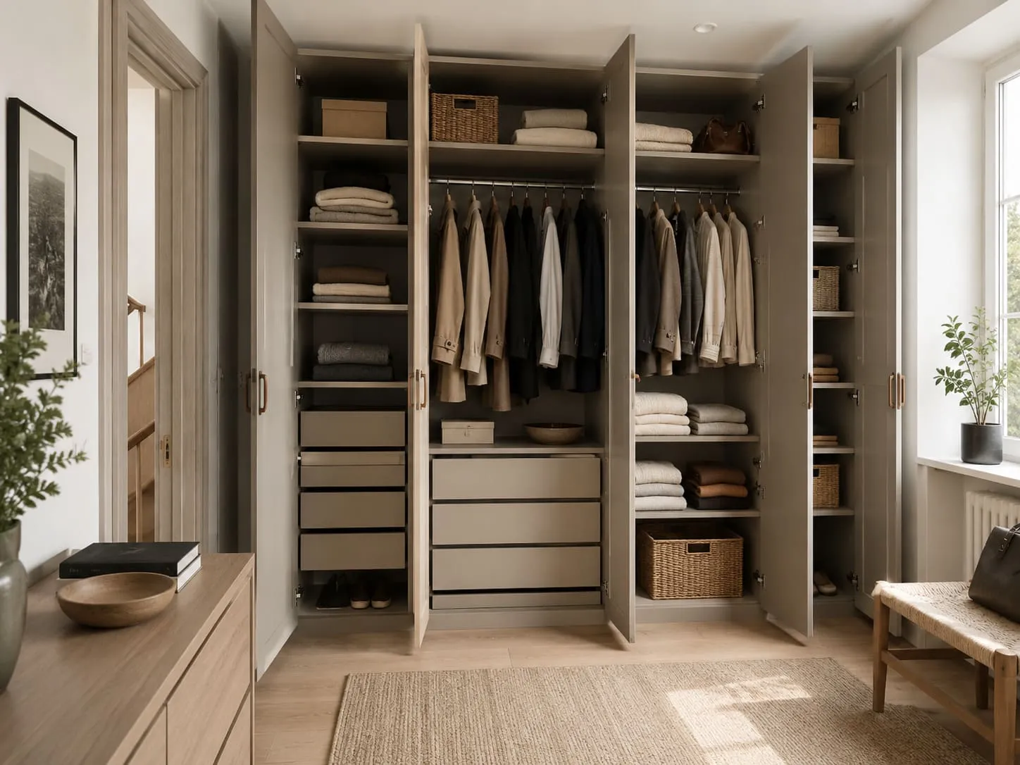 Interior organizado de armario con puertas abatibles