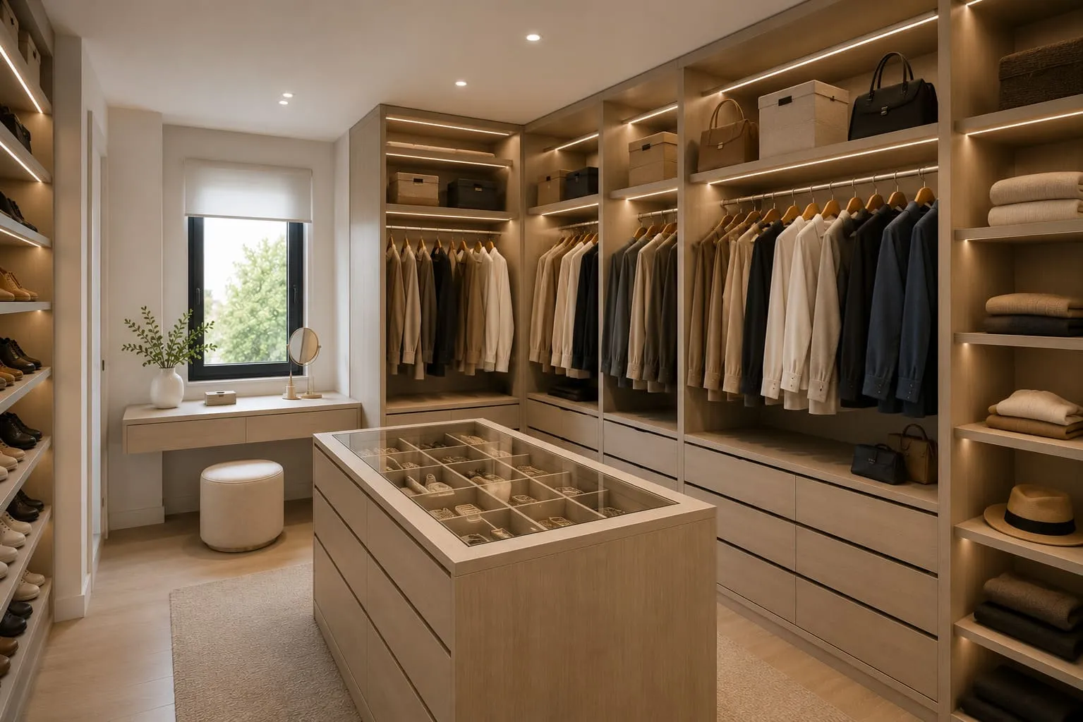 Interior de vestidor con zonas diferenciadas para ropa calzado y accesorios