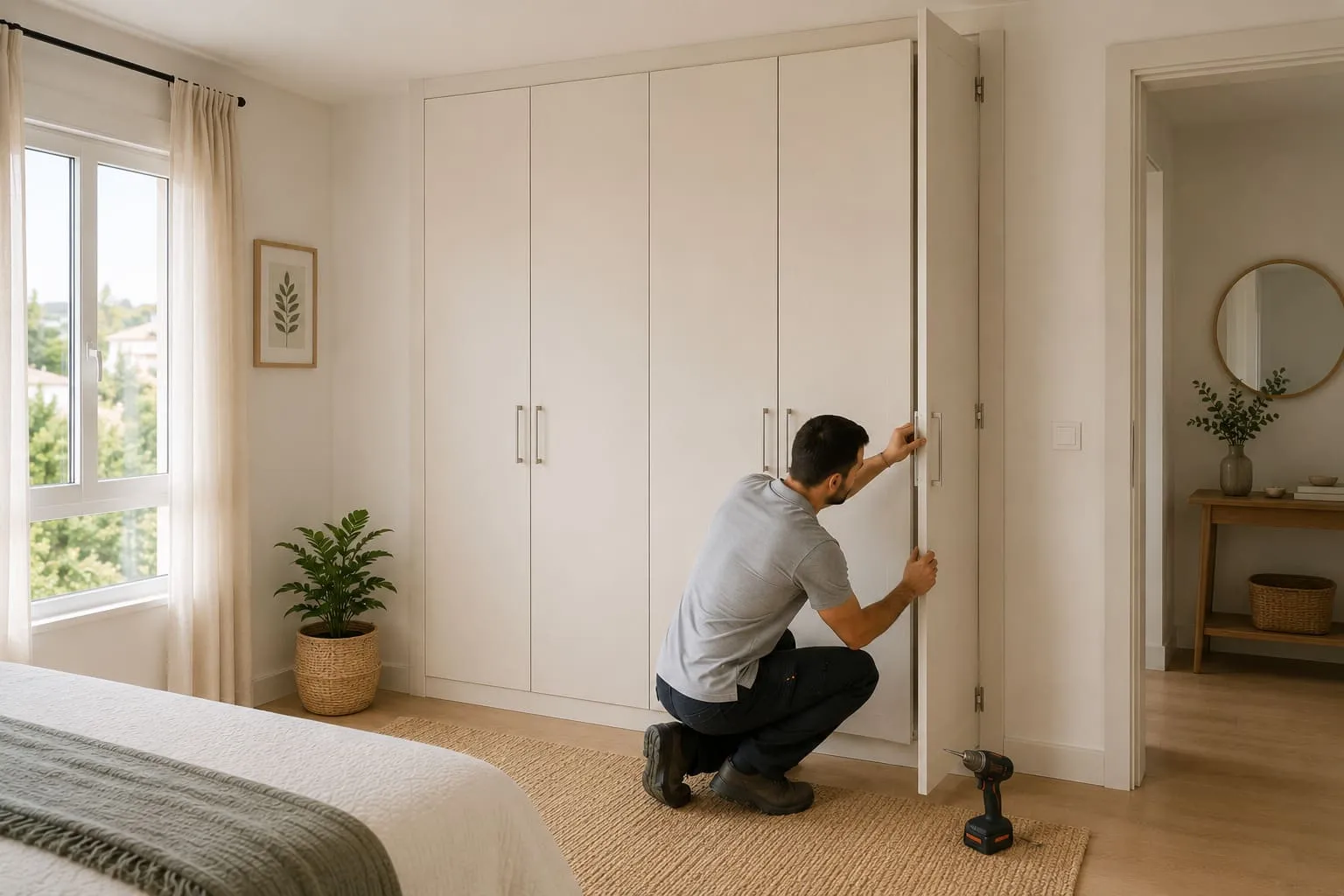 Dormitorio con armario abatible integrado en la decoración