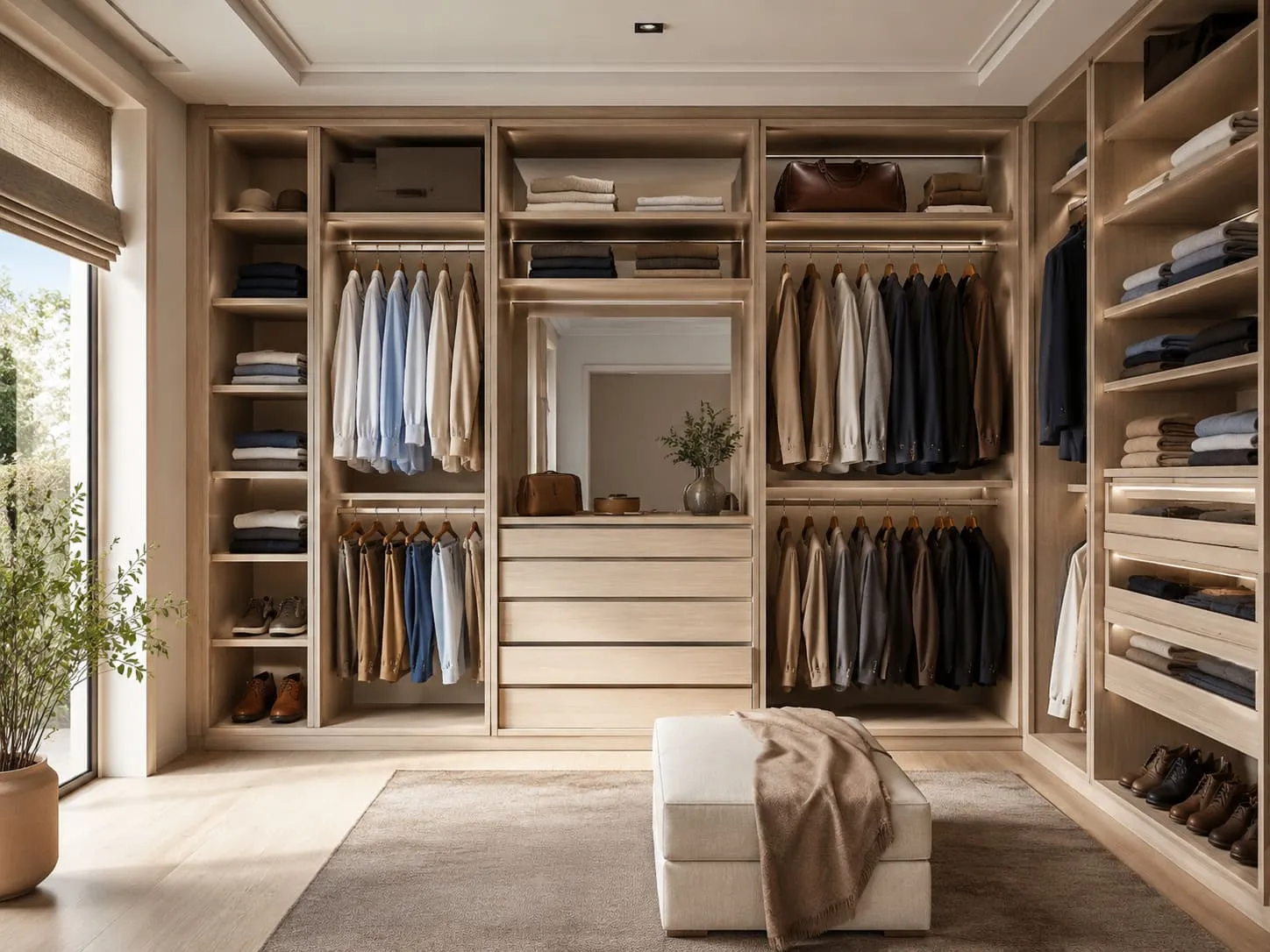 Interior de vestidor organizado con barras cajoneras baldas y zapatero