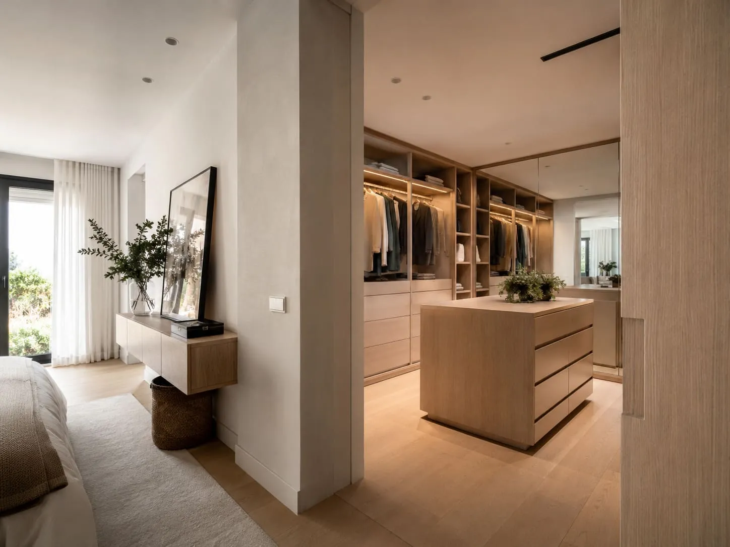 Vestidor integrado en dormitorio con tonos neutros y madera natural