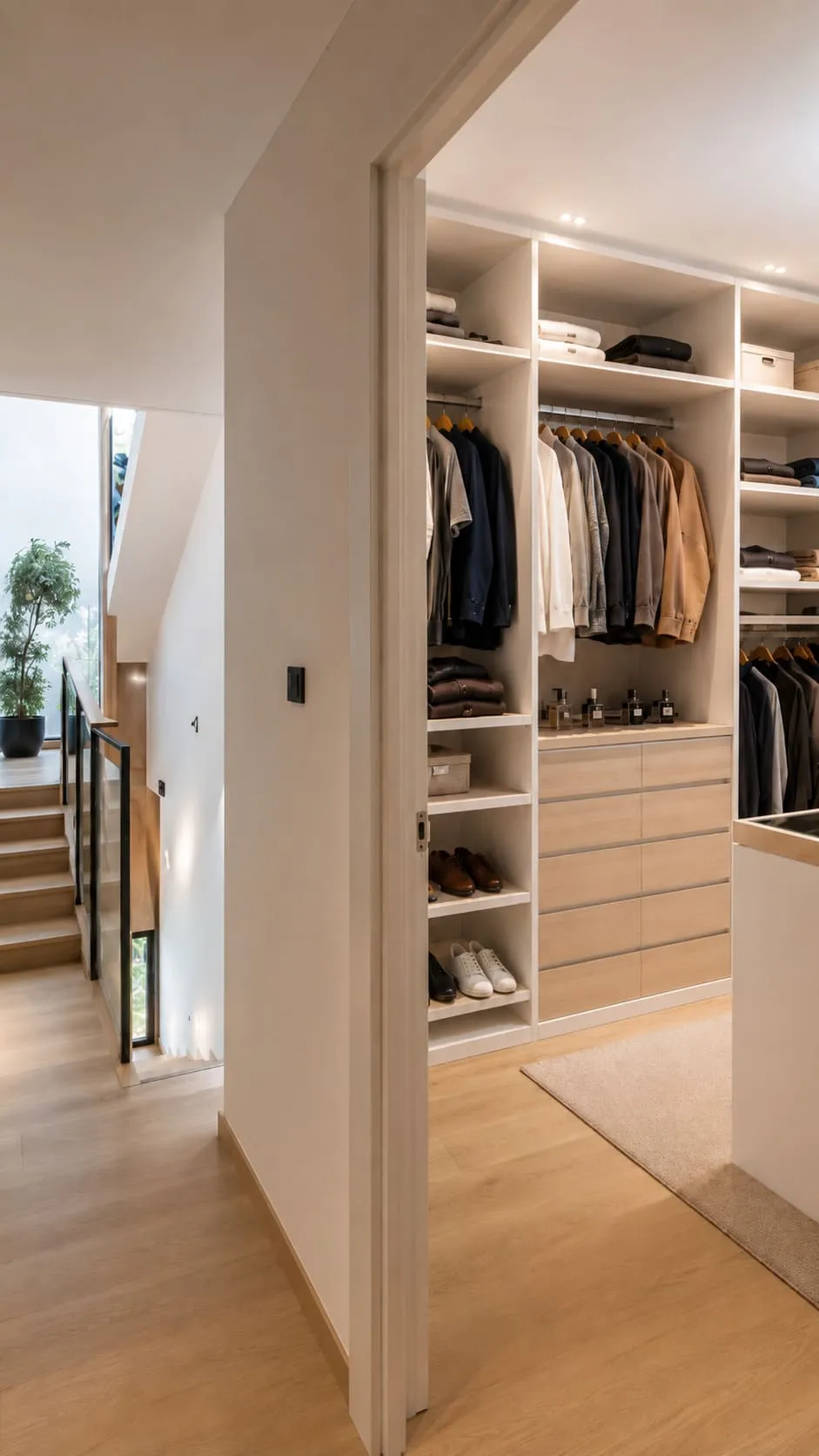Vestidor vertical a medida con zona de colgado cajoneras y baldas