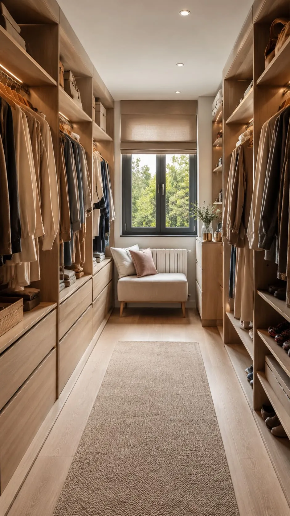 Vestidor vertical con zonas de colgado cajoneras y baldas abiertas