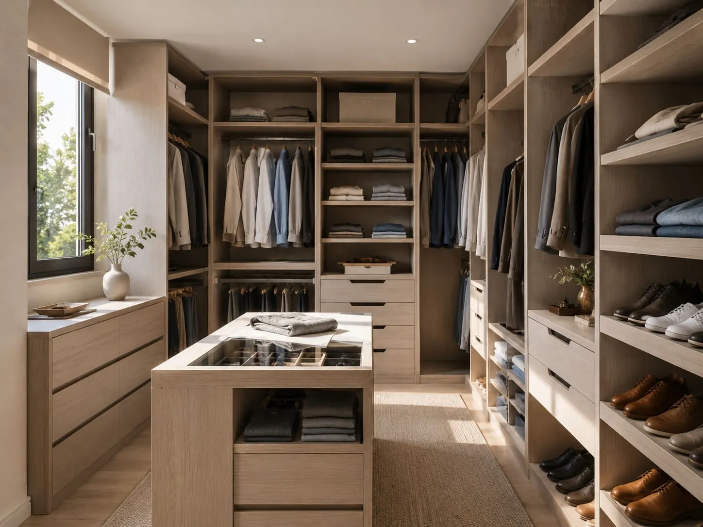 Interior de vestidor con cajones barras baldas y zapatero organizado