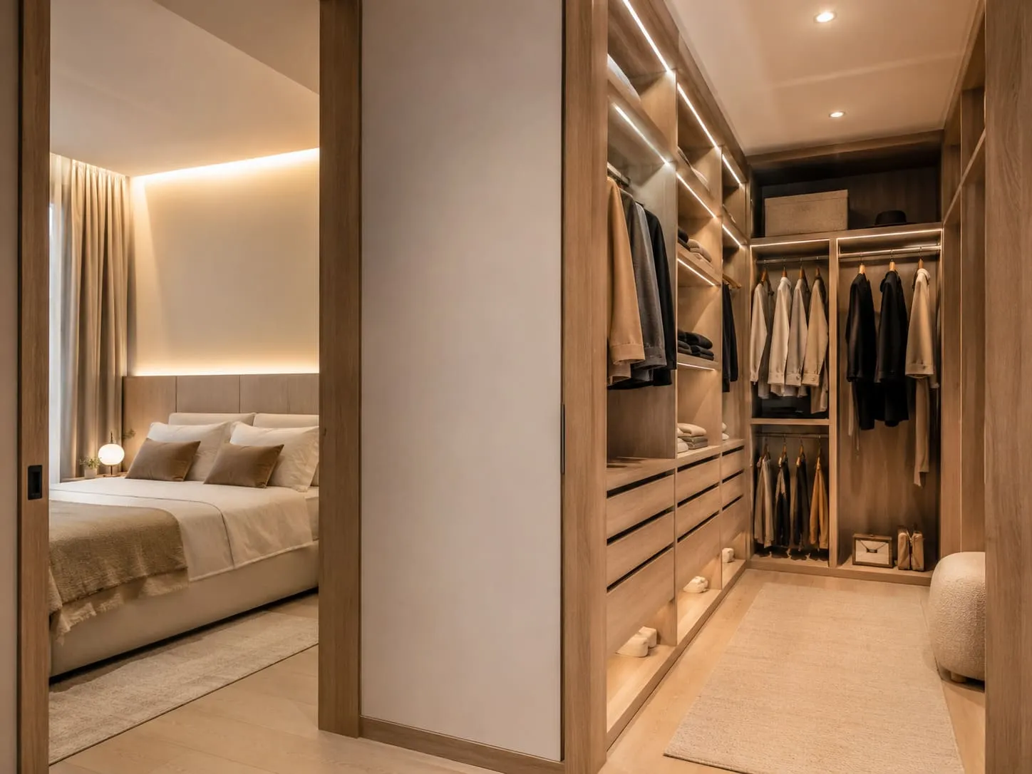 Vestidor integrado con acabados neutros en dormitorio luminoso