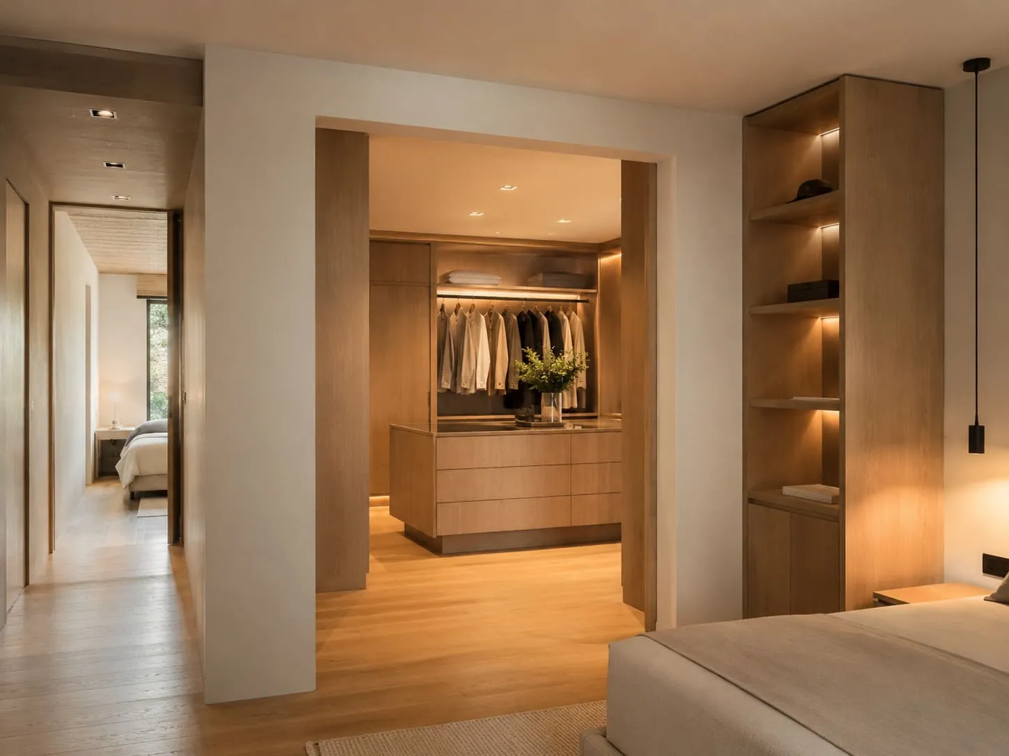 Vestidor integrado en dormitorio luminoso con tonos suaves
