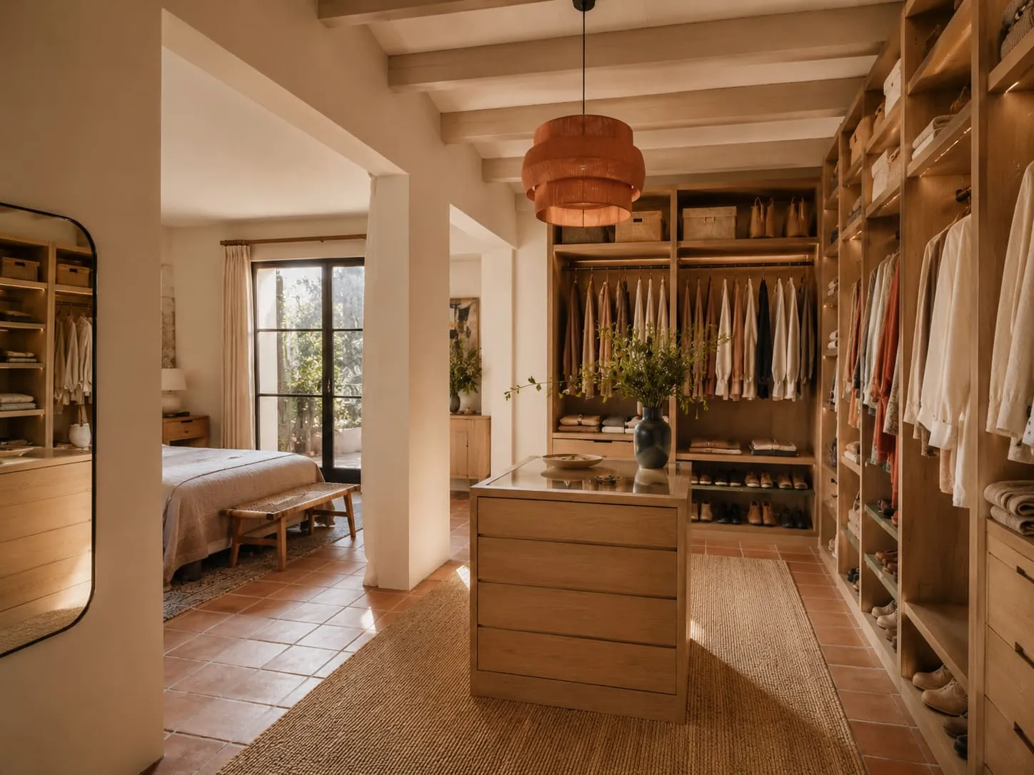 Interior de vestidor con zonas diferenciadas para ropa calzado y accesorios