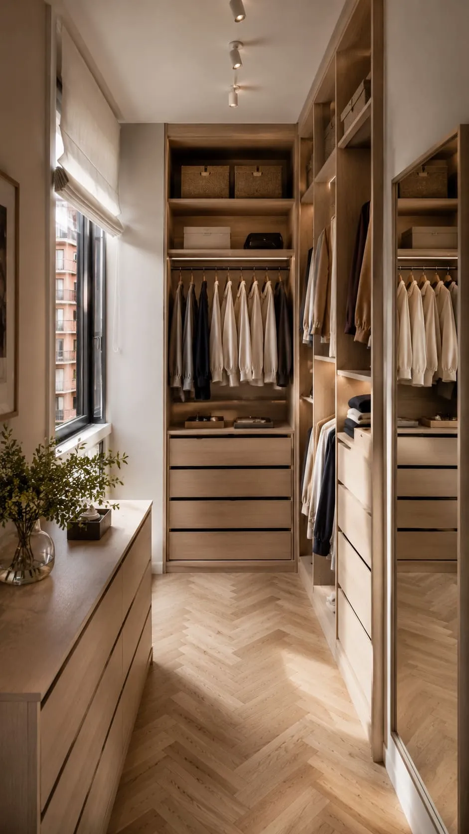 Vestidor vertical con zonas abiertas y cajoneras a medida