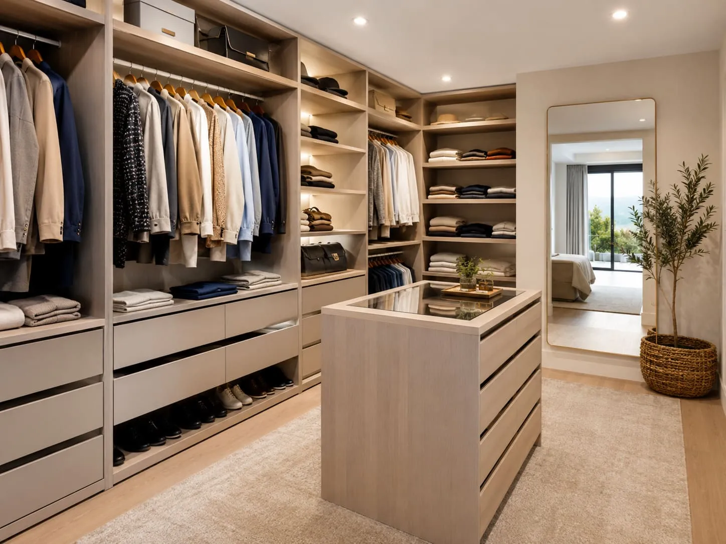 Interior de vestidor con cajones baldas barras y zonas para calzado