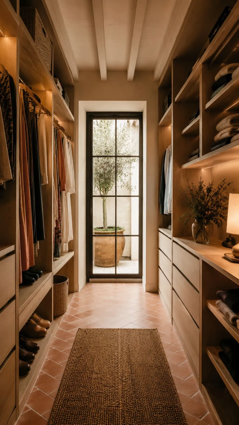 Vestidor vertical a medida con módulos abiertos y cajoneras