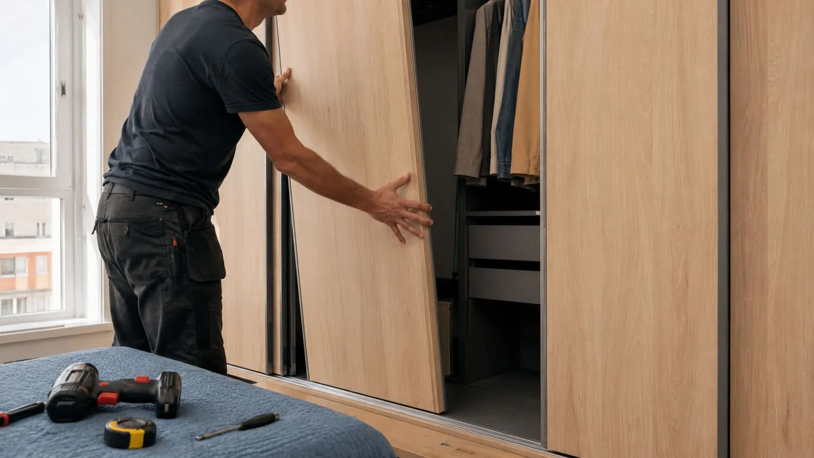 Combinación de materiales y acabados en puertas de armario