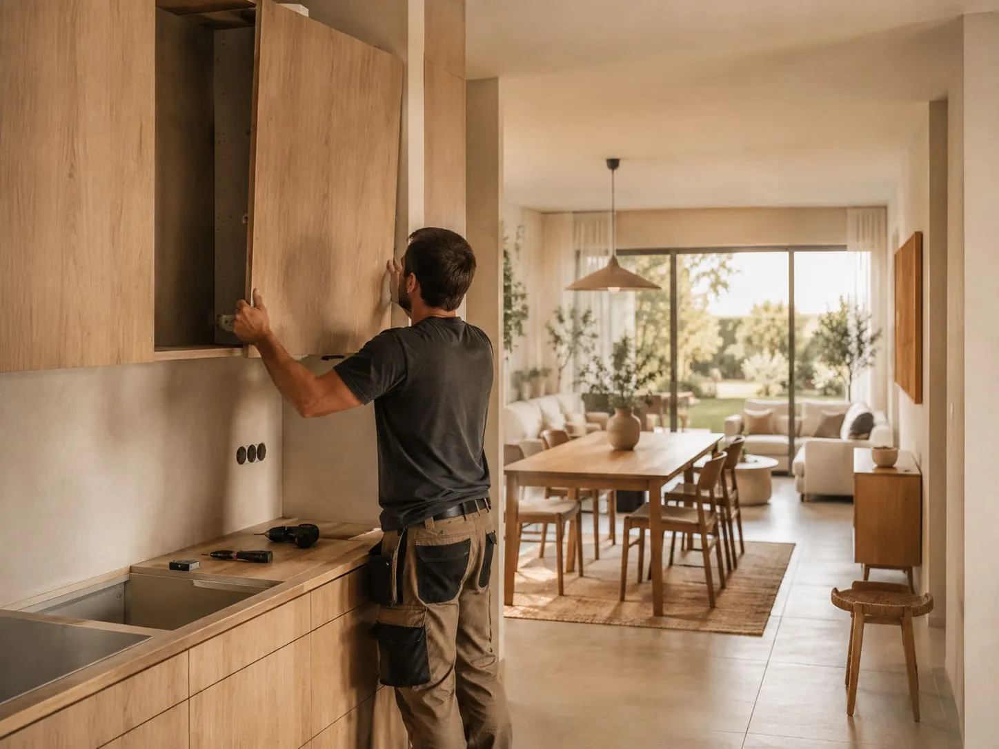 Cocina abierta con acabados relacionados con el salón