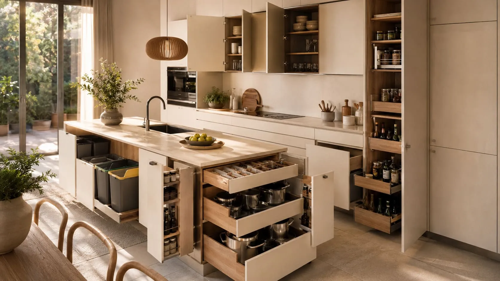 Frentes de cocina coordinados con cajones y almacenamiento interior