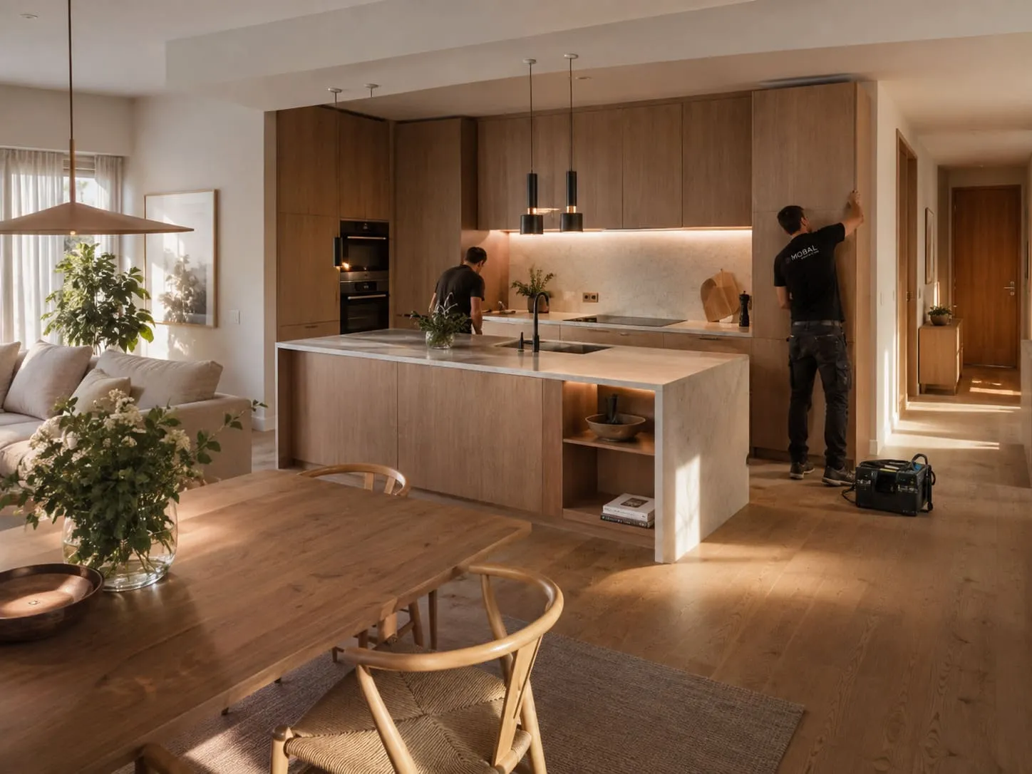 Cocina integrada visualmente con el salón y el comedor