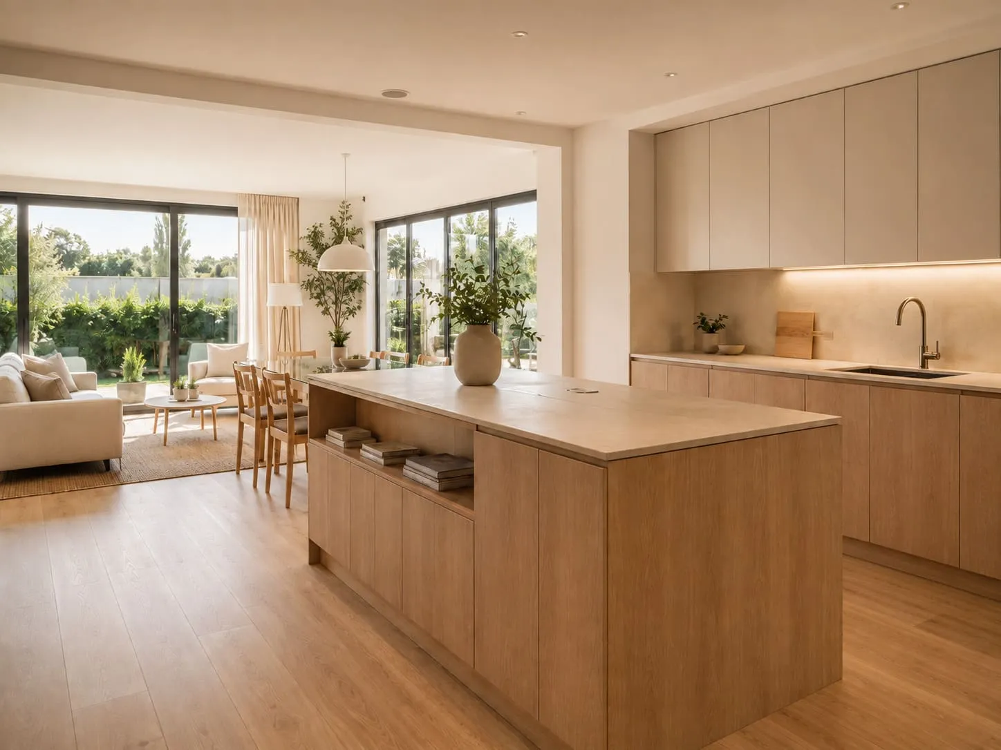 Cocina abierta con acabados relacionados con el salón
