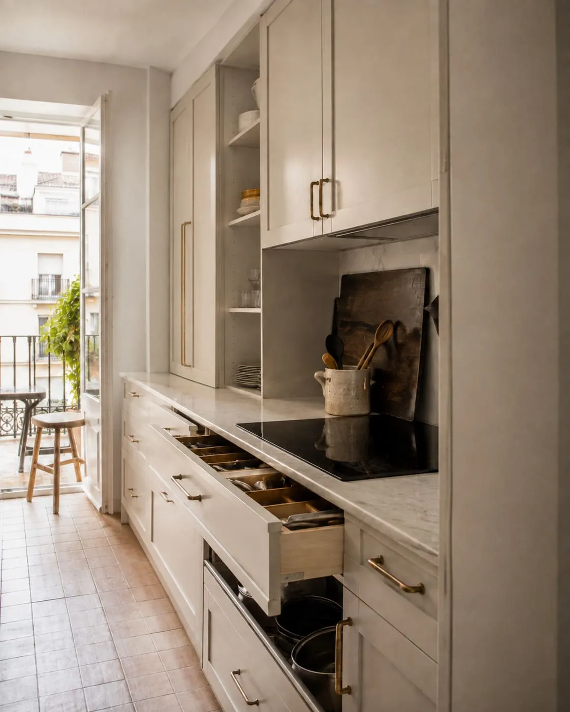 Detalle vertical de una cocina compacta con columnas de almacenaje