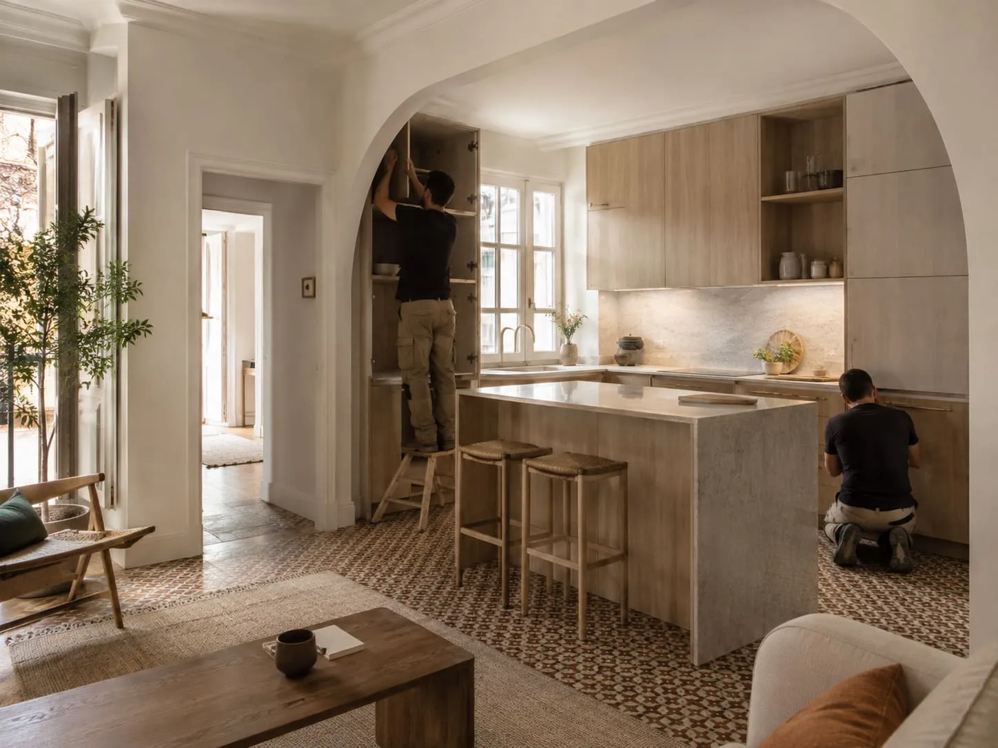 Cocina abierta con mobiliario integrado en el salón