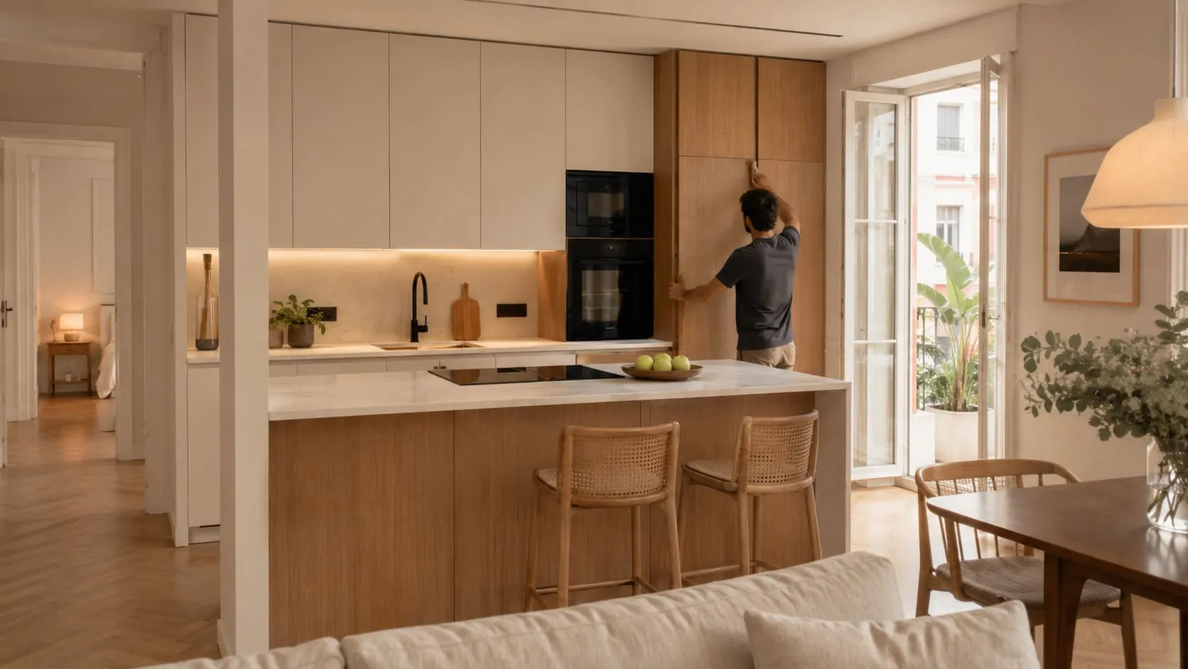 Cocina con frentes de madera y tonos claros