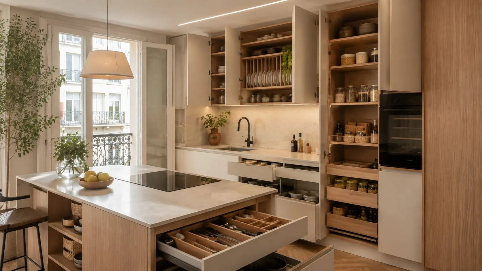 Interior de cocina con cajones, herrajes y frentes personalizados