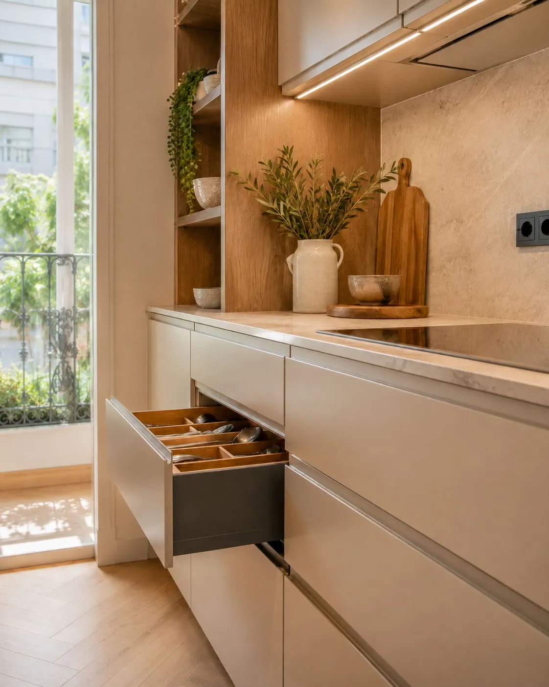 Cocina estrecha con mobiliario aprovechado hasta el techo